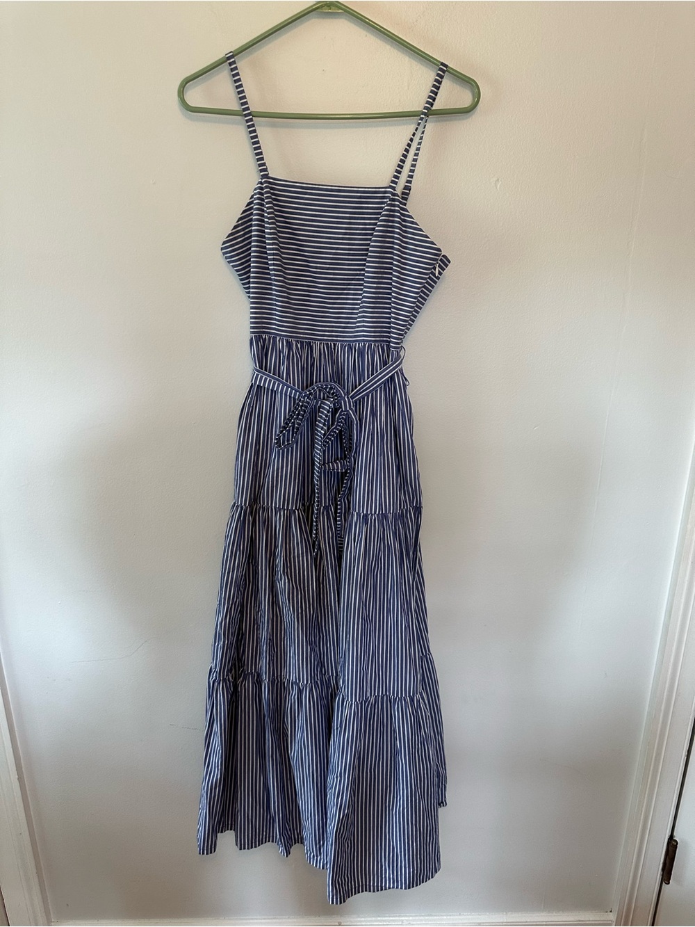 J.Crew Blue White Stripe Tiered Cotton Maxi Sundress Belted Pockets Size 4